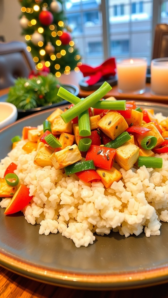 A vibrant plate of Japanese Christmas dish with rice, vegetables, and chicken, garnished with green onions and sesame seeds.